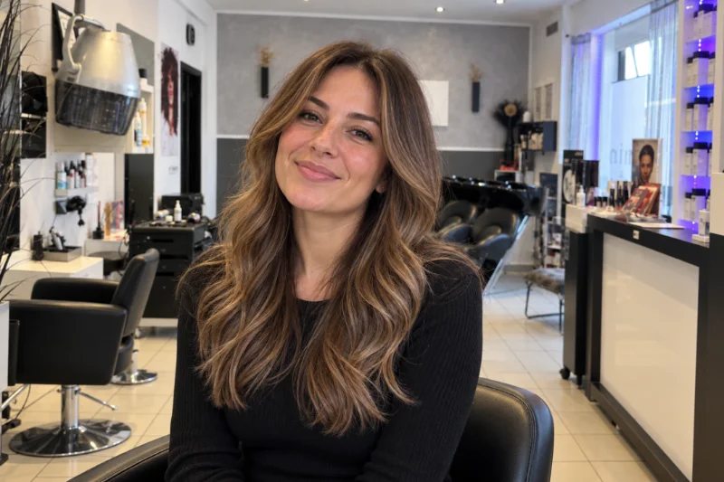 Lächelnde Kundin mit langen, braunen Haaren im Friseursalon Kamm In