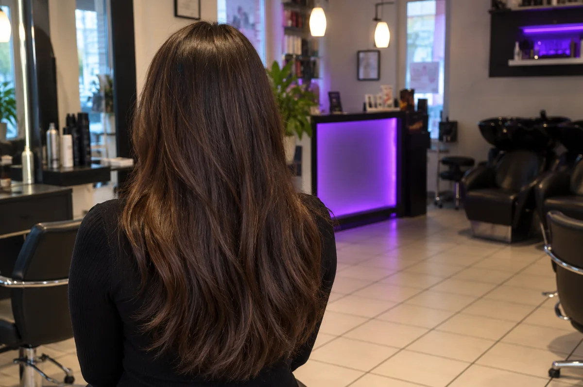 Lange, volle braune Haare im Salon von hinten